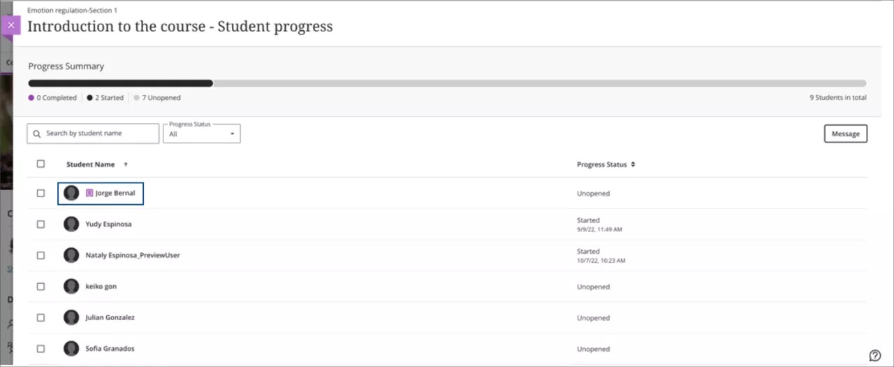 Progress report before, showing students who have been deactivated