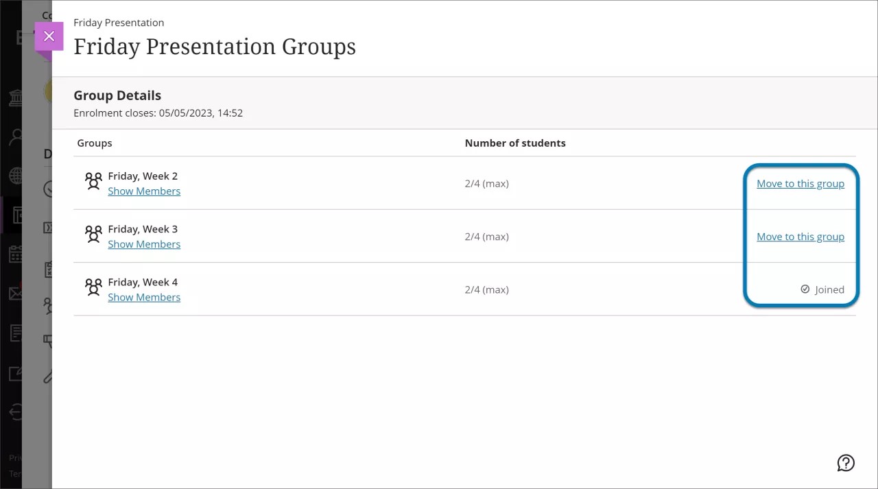 Image of Groups page with a box highlighting options for the user to move to a new group.