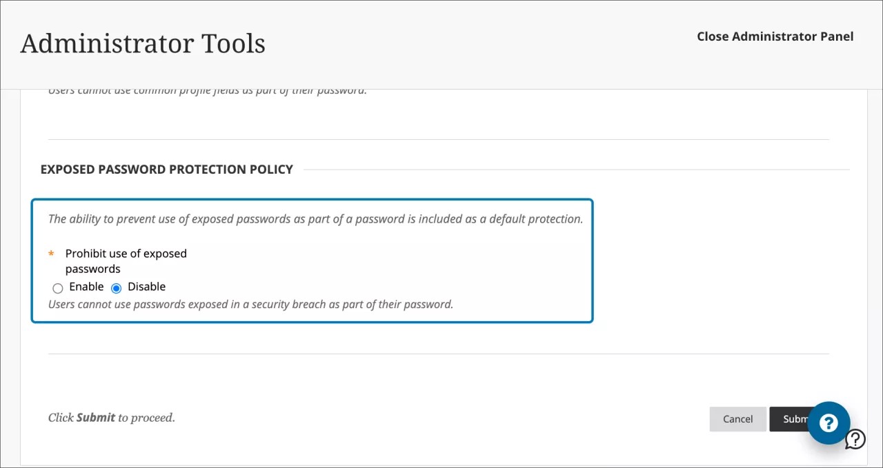 An administrator configures the exposed password protection policy