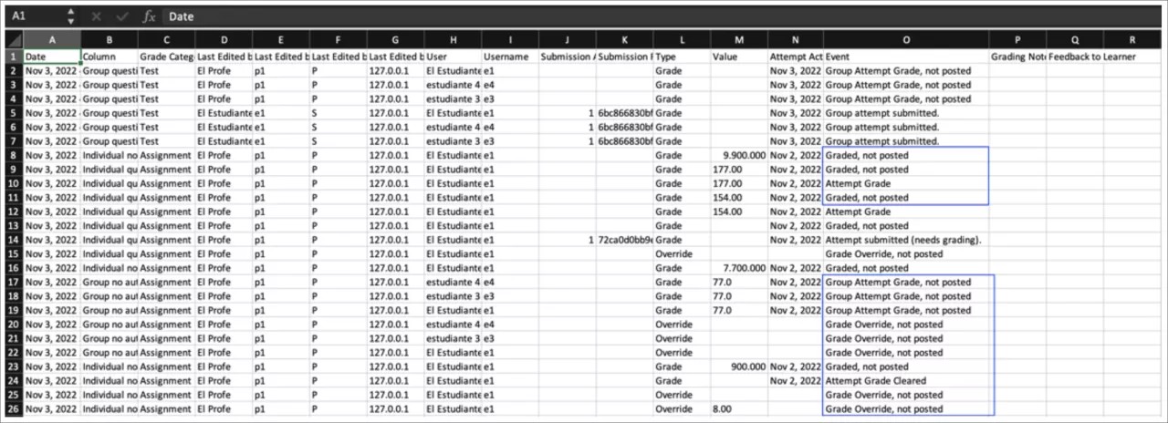 Example of a spreadsheet with the downloaded grade history.