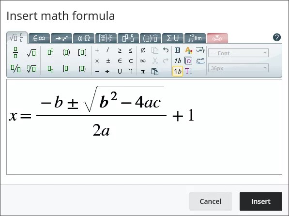 Image of the quadratic formula plus one in the math editor, with a large font size and square root bolded