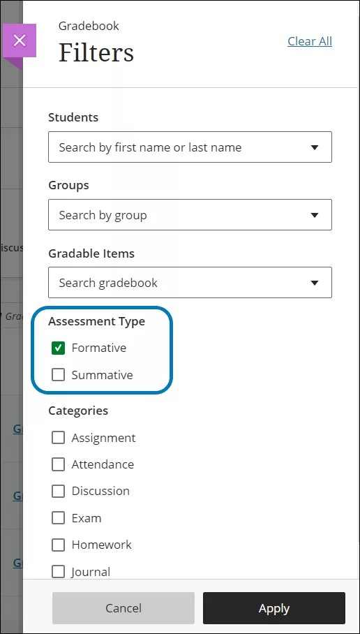 In the filters pannel, under the "Assessment type" section there are two options: formative and summatice.