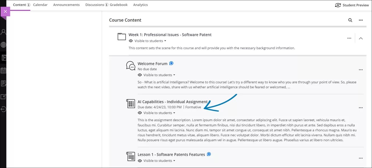 Course Content page, where the formative assignment has the "Formative" label after the due date details.