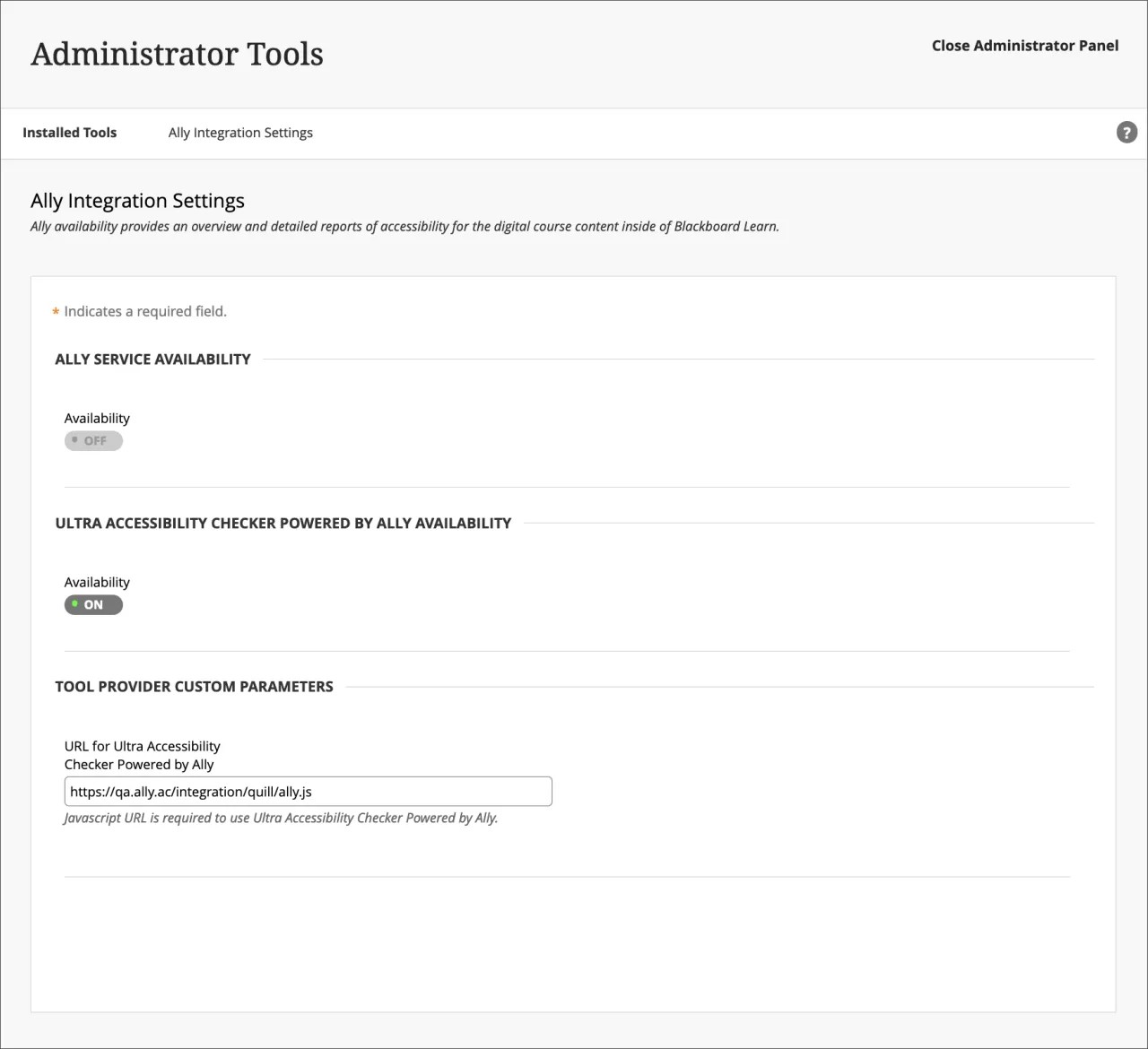 Administrator view – Ally Integration Settings