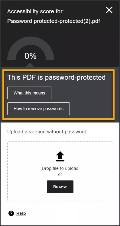 Ally's Instructor Feedback highlighting the password protected issue in PDF files
