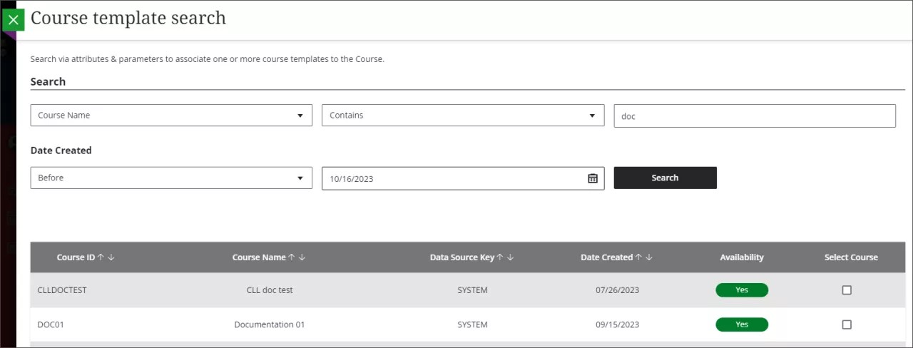 Course Template Search in Create Course