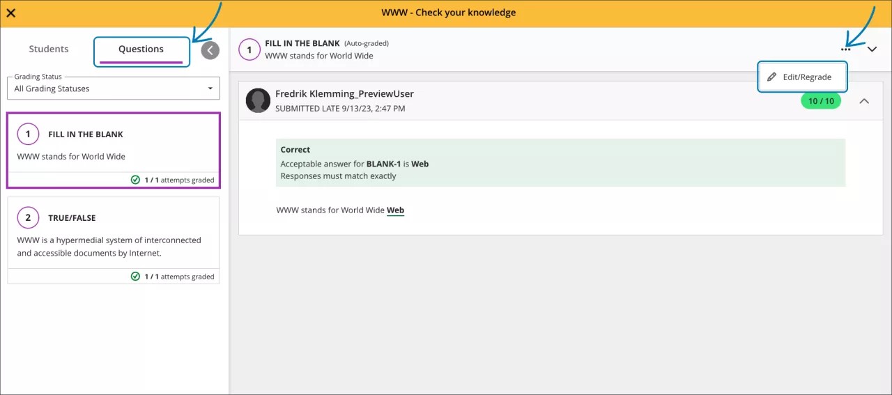 Instructor view - Edit/Regrade option when grading a test by question