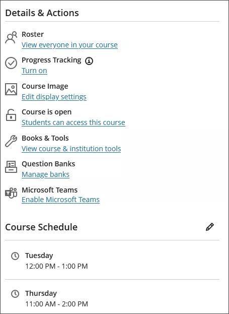 Image of the Course Schedule beneath the Details & Actions section, showing two different course event times