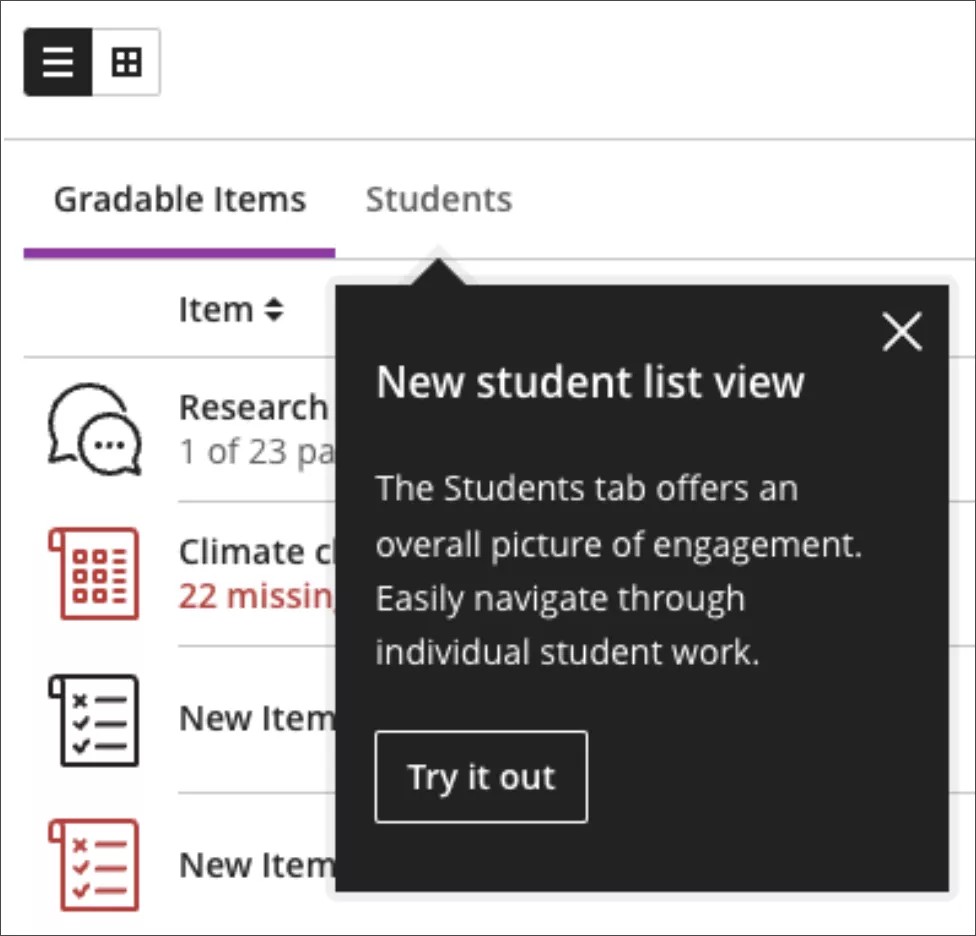 FTUE in the gradebook, highlighting the student list view