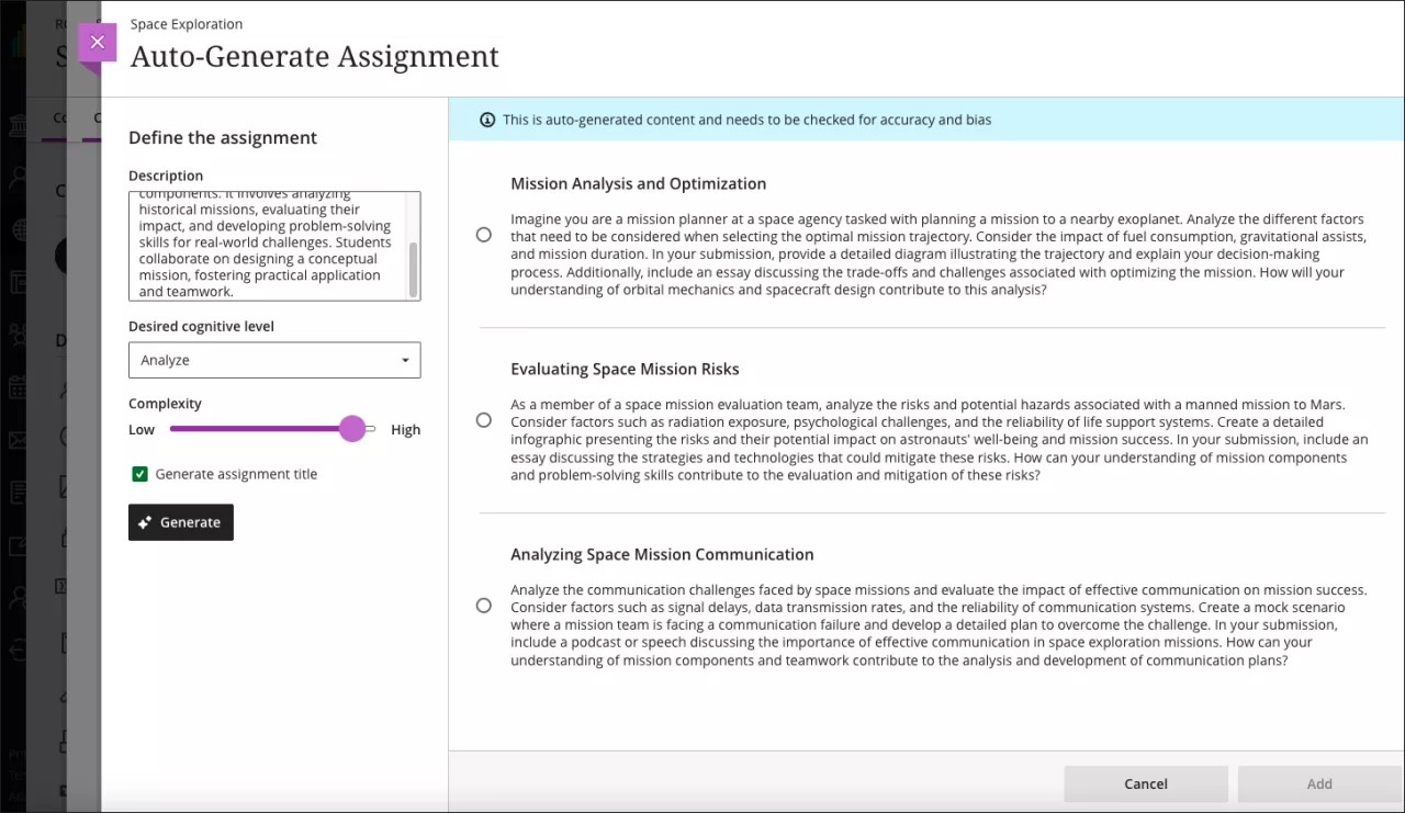 The 'Auto-Generate Assignment' panel is open, displaying three generated prompts on the screen. On the left-side options, there is included content.