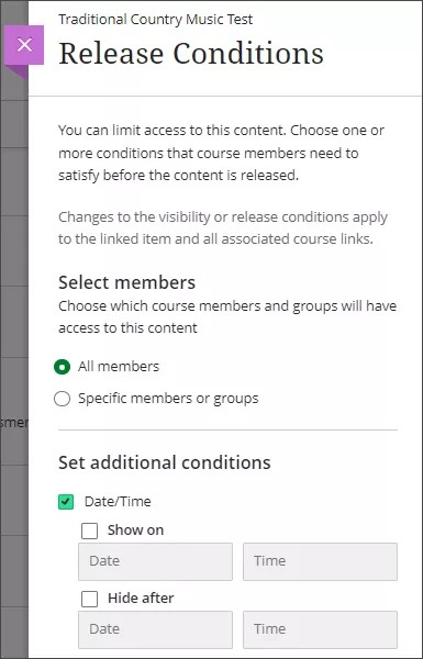 Course content Release conditions panel expanded to show options