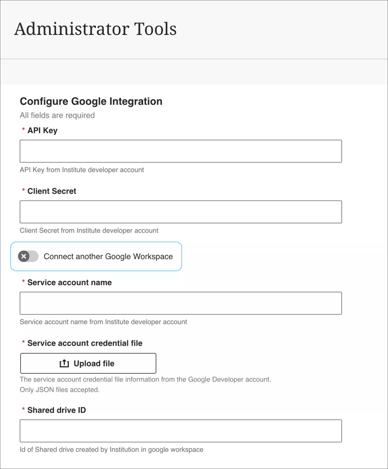 Administrator Tools screen to configure Google integration