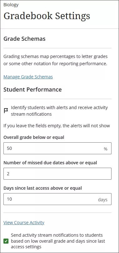 The Performance Alerts section of the Gradebook settings, showing the option to change number of days of inactivity and overall grade percentage.