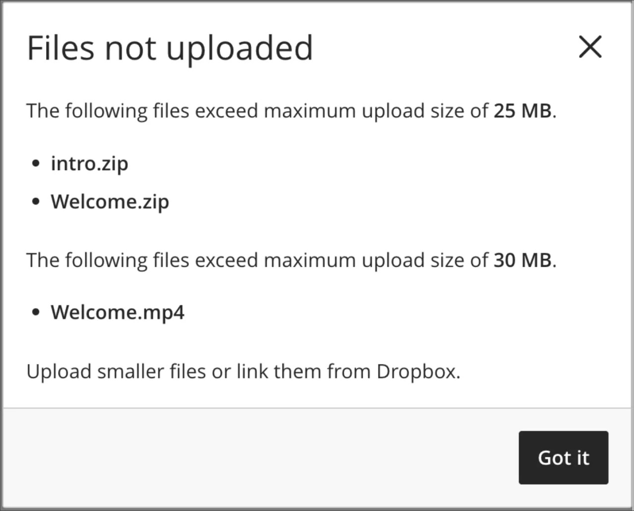 A message informs the user of any files that do not comply with the limit set by the institution