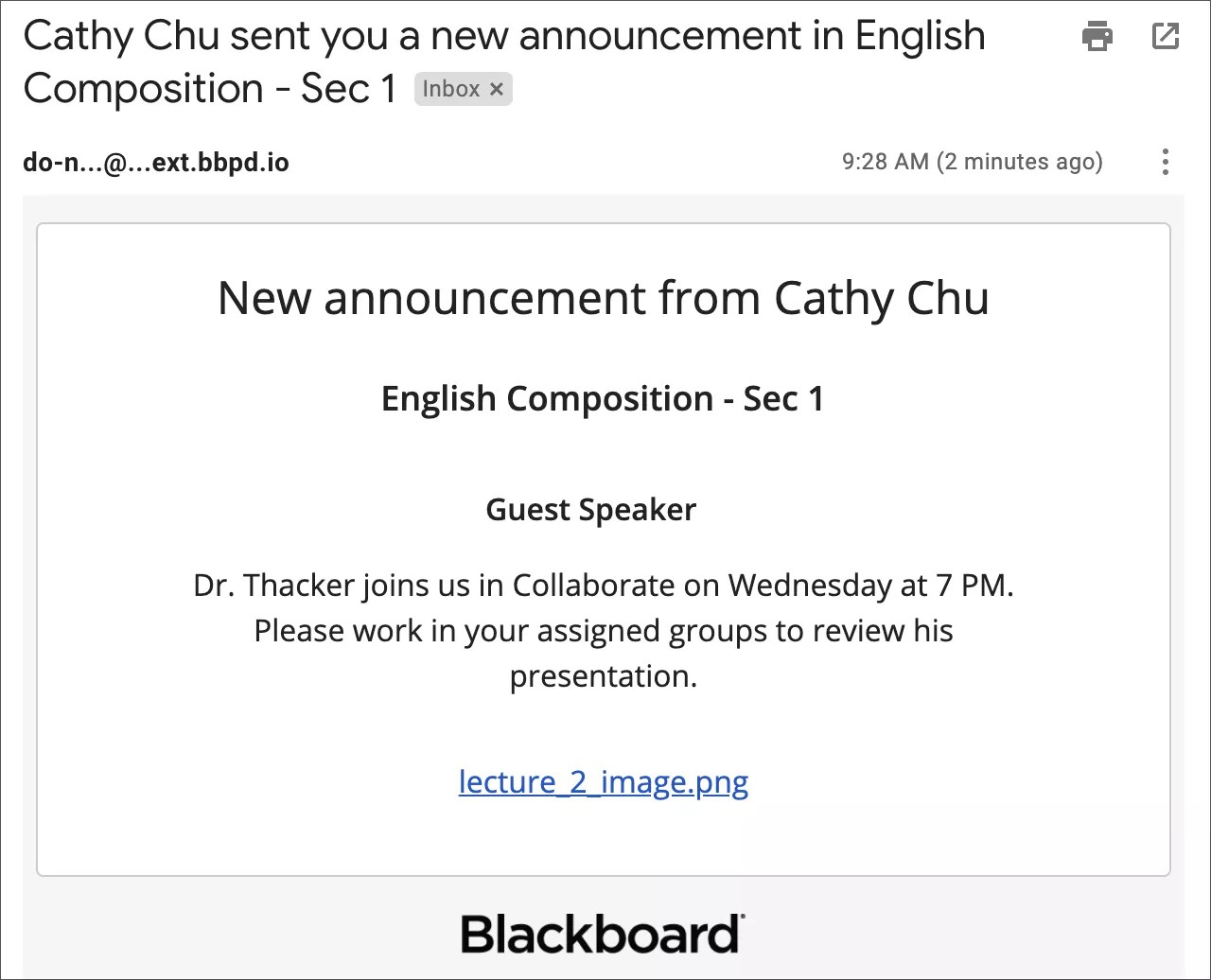 Email copy of an announcement sent to a student