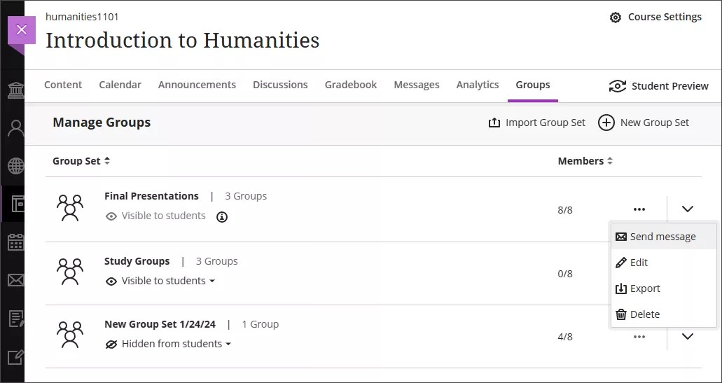 The Course Groups page with the More options menu dropdown shown
