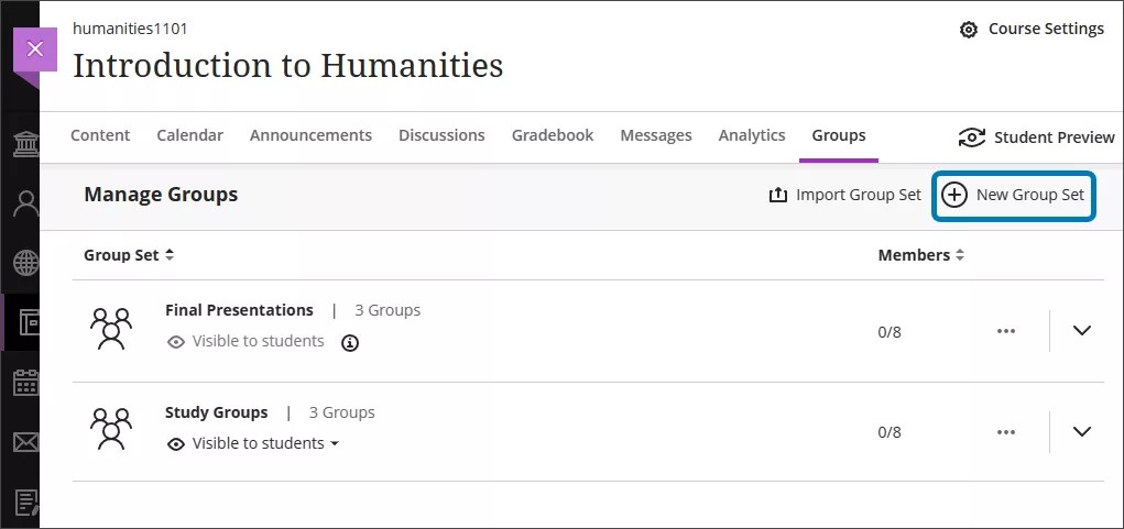 Landing page of the Groups tab, with the New Group Set button highlighted to the right