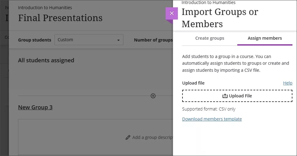 The Import Groups or Members panel, on the Assign members tab