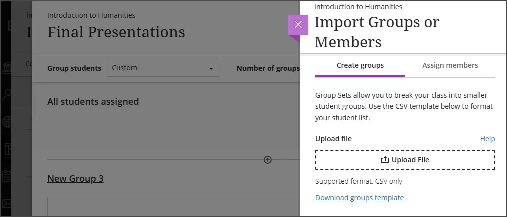 The Import Groups or Members panel, on the Create Groups tab