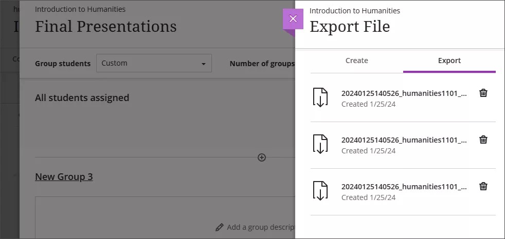 Zips available in the Export tab to download