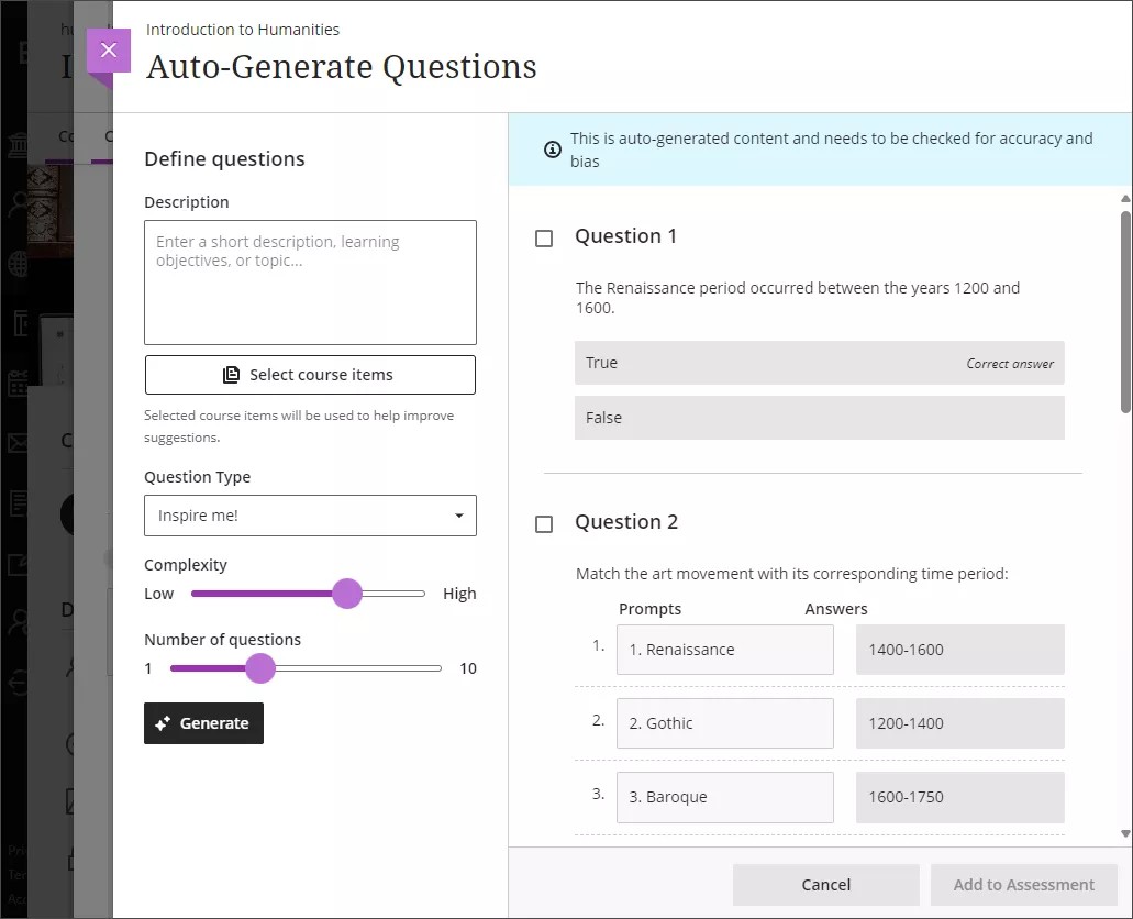 Auto-Generate Questions panel