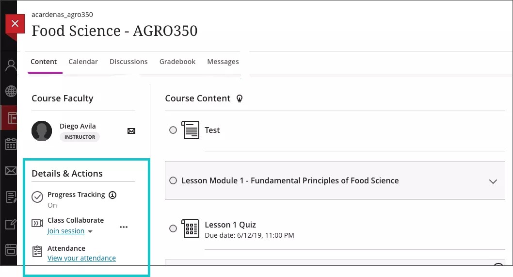 Student view - Roster does not appear in the Details & Actions menu when the Roster is hidden