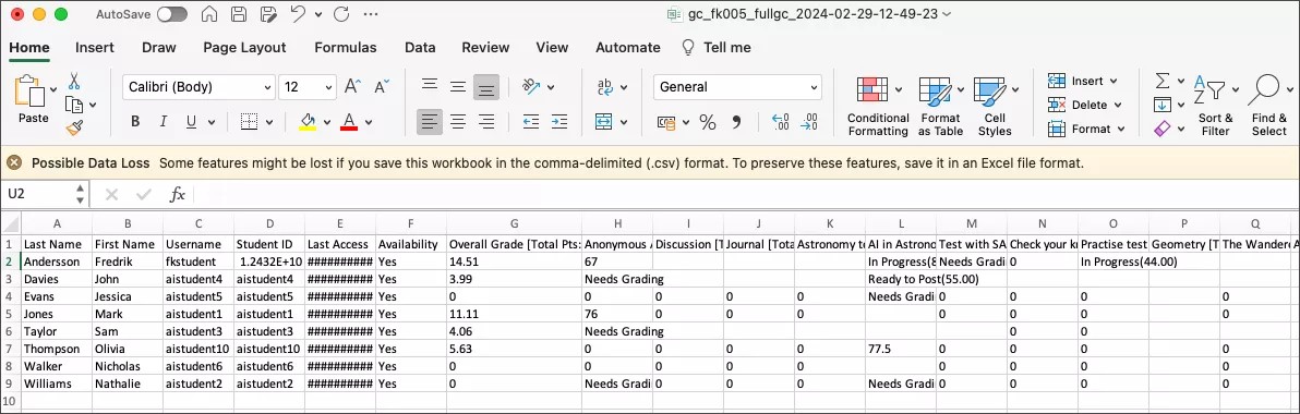 Instructor view of the downloaded grades file that contains the Overall Grade column