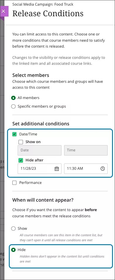 Instructor view of release conditions settings with date/time release condition set in combination with Hide state in “When will content appear?”