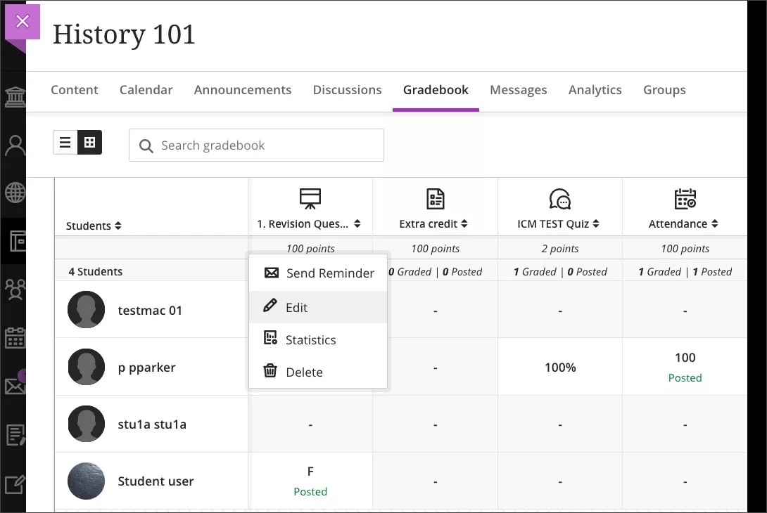 Instructor view of the Edit menu option for a Partner Cloud generated gradebook item