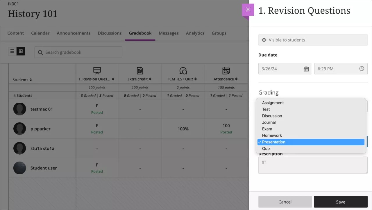 Instructor view of the Edit panel for a Partner Cloud generated gradebook item
