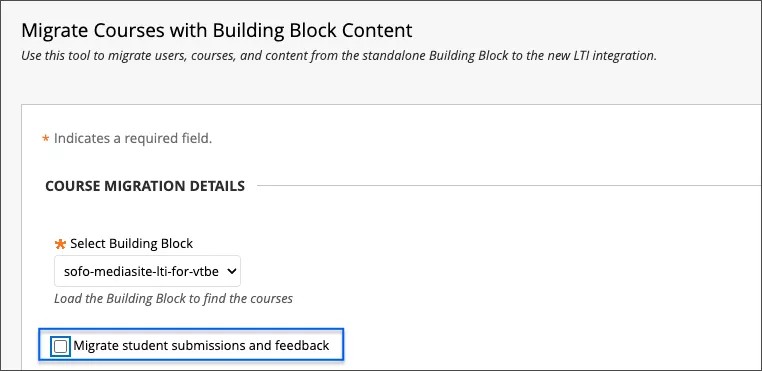 Migrate courses with building block content with Migrate student submissions and feedback option highlighted