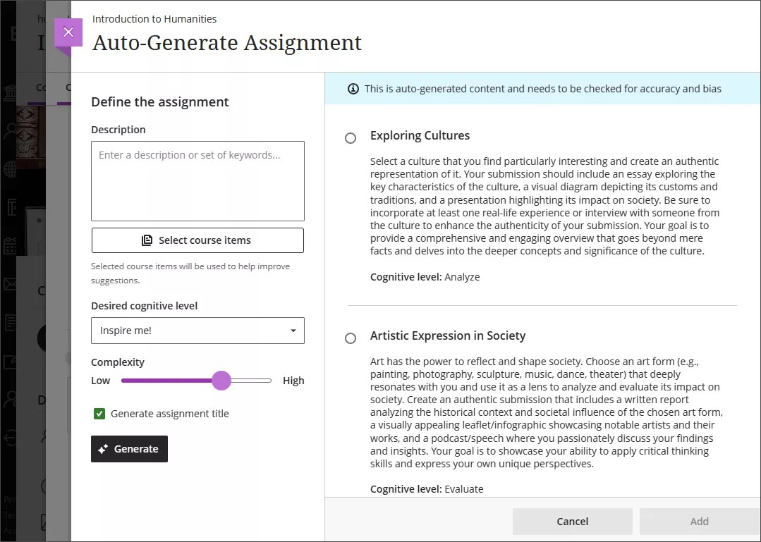 Auto-Generate Assignment page, showing two autogenerated assignments beside the customization options