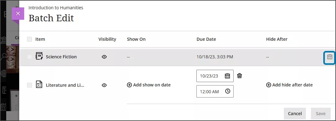 Batch Edit page, showing the calendar icon highlighted at right and the options for individual date changes available