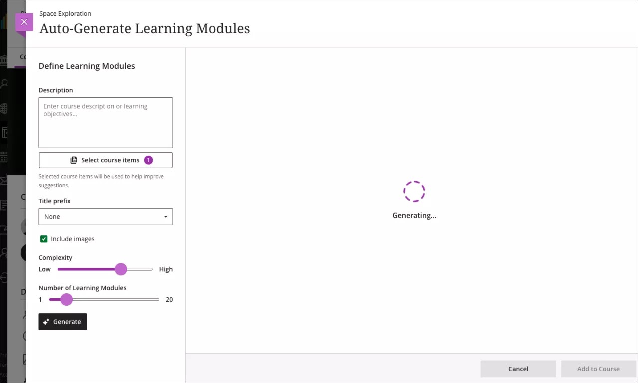 Auto-Generate Learning Modules panel with a "1" beside Select course items