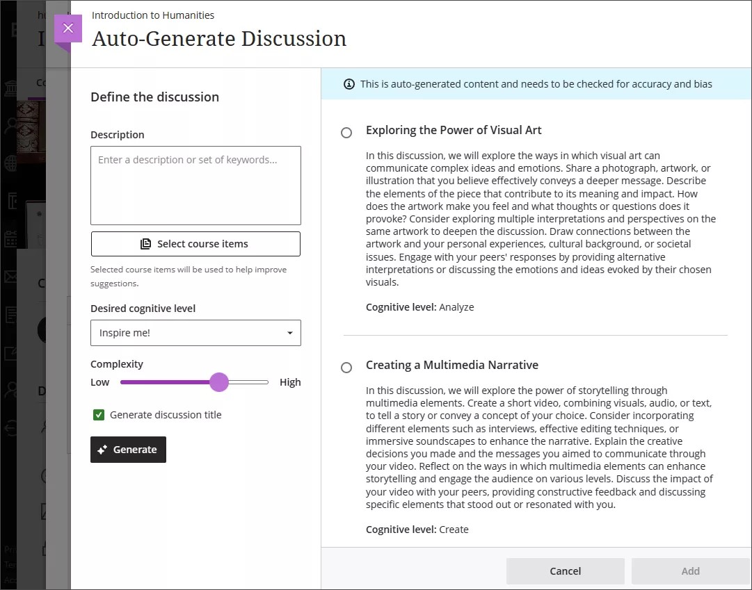 The AI Design Assistant's Auto-Generate Discussion panel, with options on the left and discussion prompts on the right