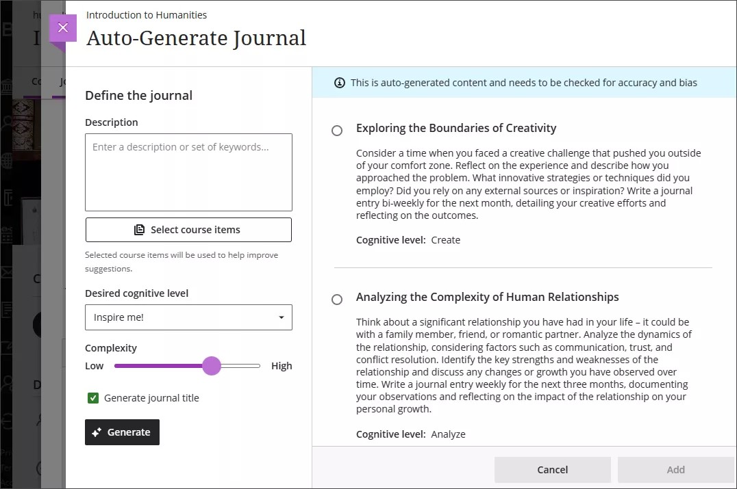 Image of the auto-generate panel for journals, with customization options beside autogenerated prompts