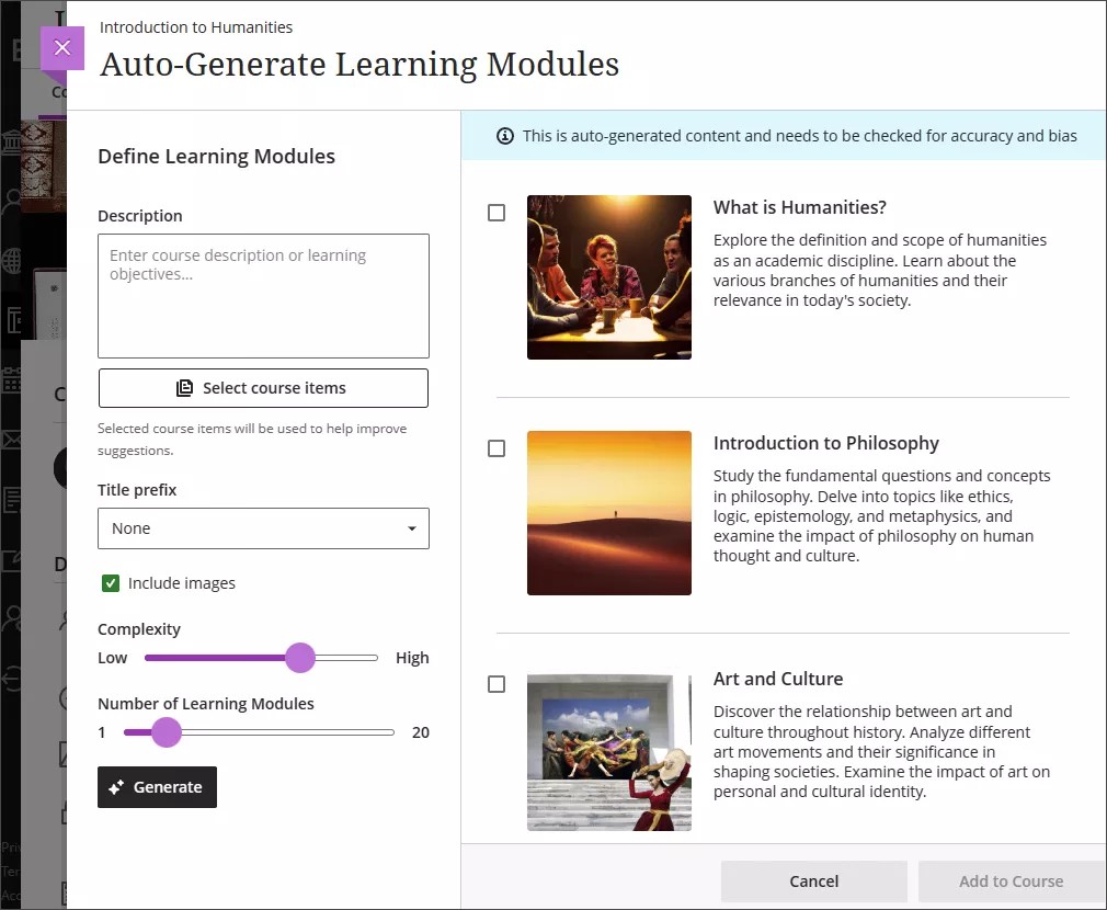 The Auto-generate modules panel, showing 3 autogenerated modules beside all the customization options