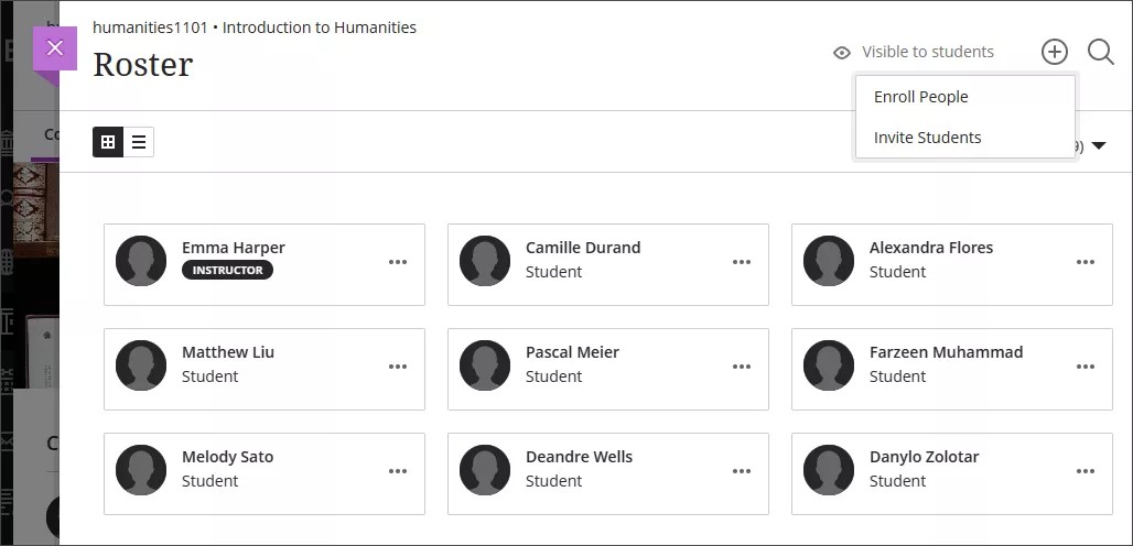 Roster panel, with the dropdown menu at the top right expanded to show the Invite Students option
