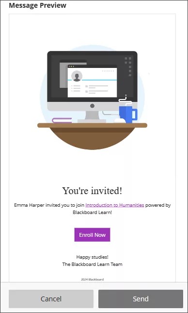 Preview of email sent to students, with an Enroll Now button in purple
