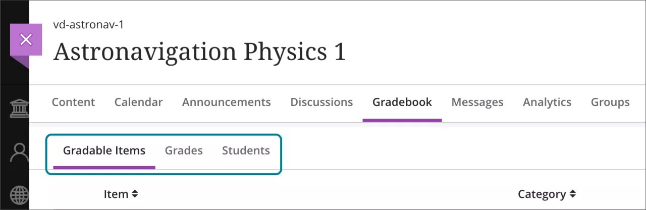 Users can change the view of the gradebook to show gradable items, grades, or students