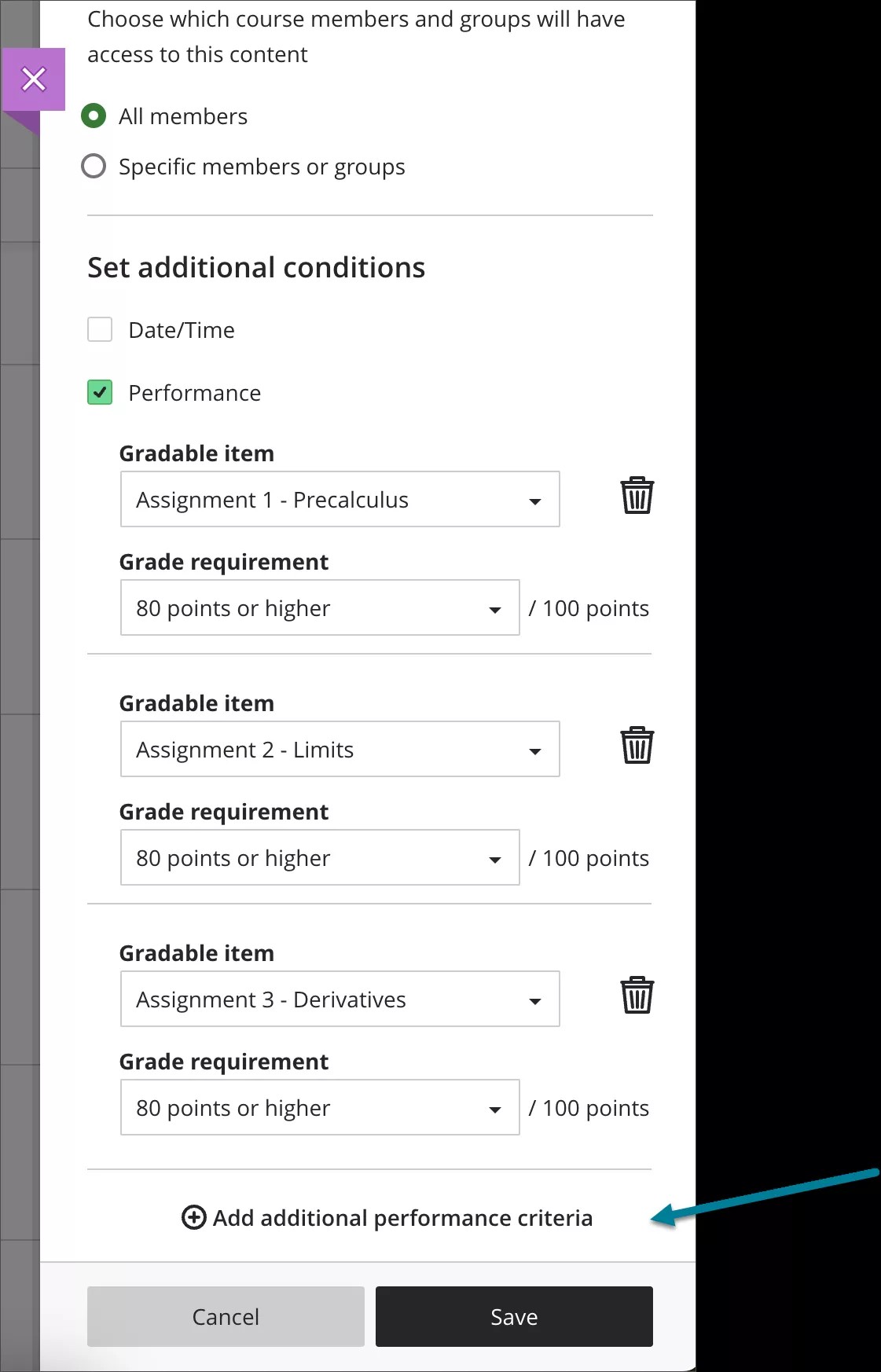 Release condition panel with additional performance criteria selected