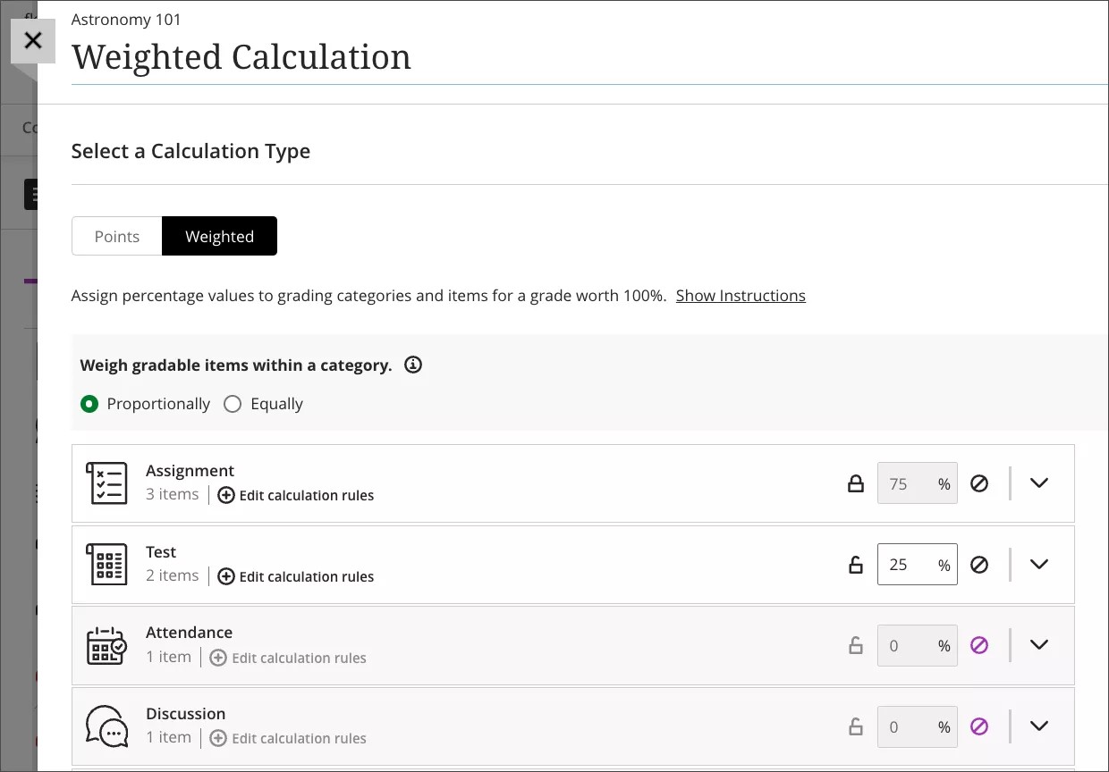Instructor view of the new Proportionally and Equally weighted calculation options