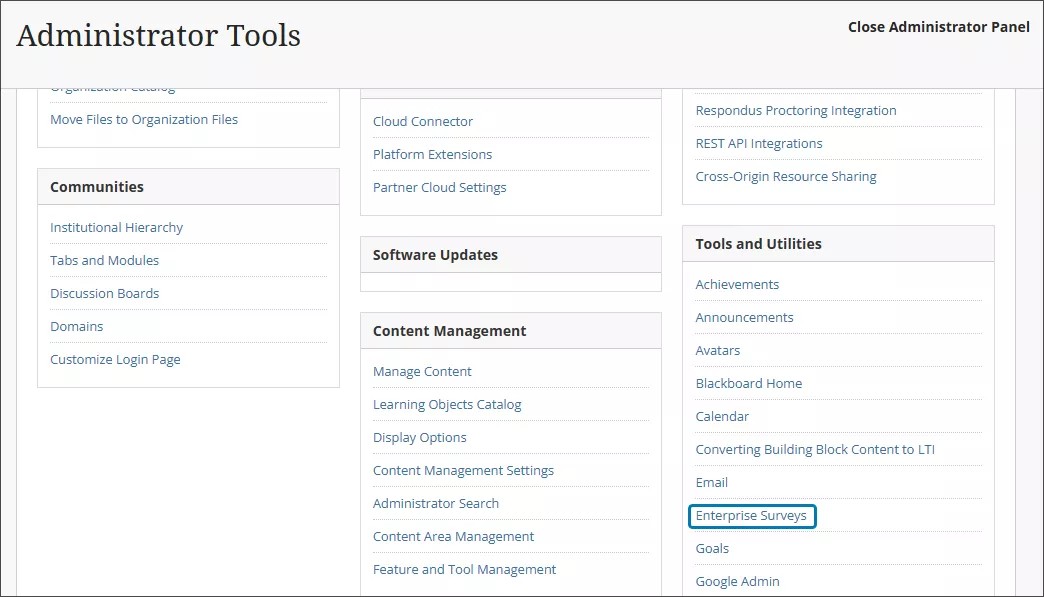 The administrator panel, with Enterprise Surveys highlighted under Tools and Utilities