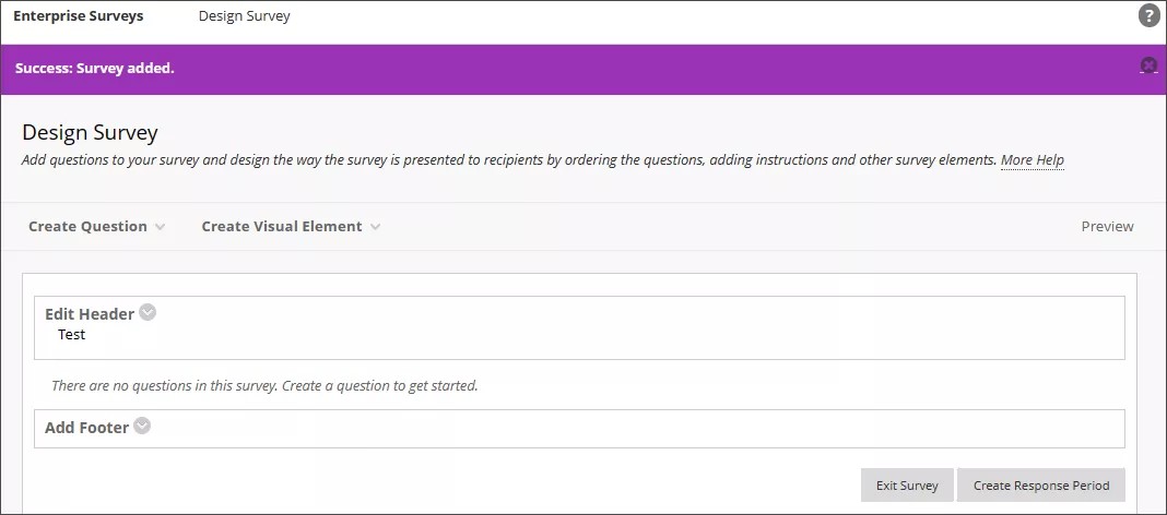 The Design Survey options, showing where the editor and footer can be edited