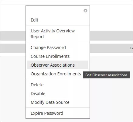 User menu expanded to highlight Observer Associations option